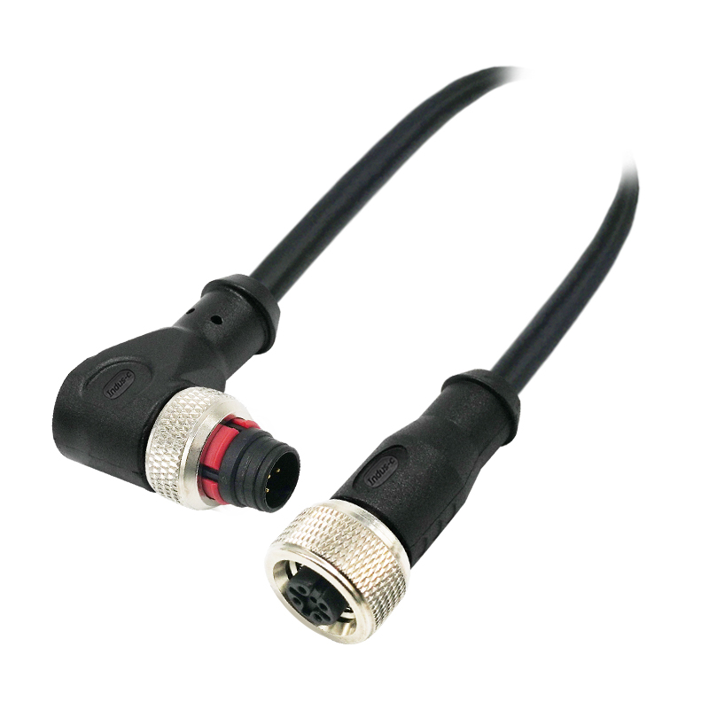 Push-pull m12 3pins A code male right angle to female straight molded cable,unshielded,PVC,-40°C~+105°C,22AWG 0.34mm²,brass with nickel plated screw